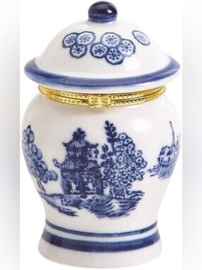 Two's Company Blue and White Porcelain Trinket Jars with Gold Trim
